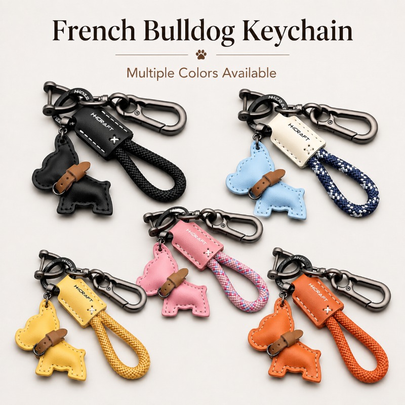 String Tension Clip - Französische Bulldogge Schlüsselanhänger aus Leder, geflochtenes