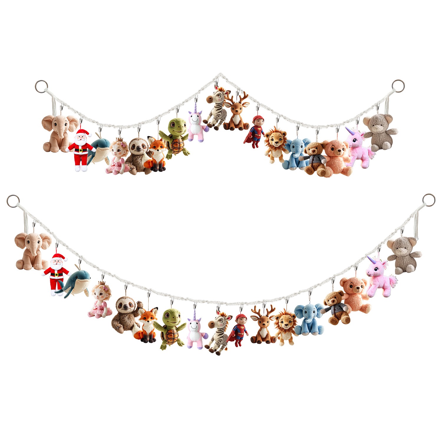 String Tension Clip - Baumwoll-Plüschtier-Aufbewahrungskette mit 20 Metallklammern, Wandmontiertes Hängeaufbewahrungsgestell,